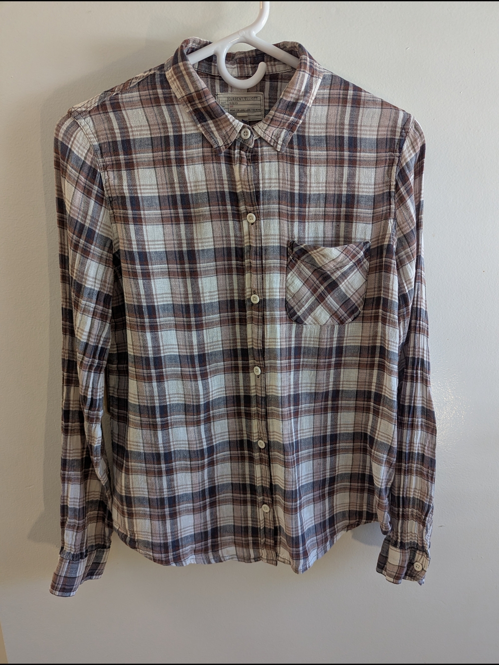 Current Elliott Plaid Button-Down Shirt | Size 2 | Contrast Crinkle Sleeves